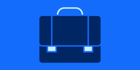 Illustrated icon of a brief case on a blue background.