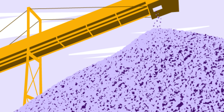 Illustration of machinery dumping rock on a pile.