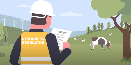 Illustration of a resources regulator inspector looking at paperwork/ There is farmland, cows and trees in the background.