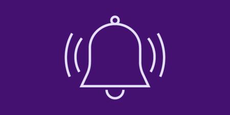 Line drawing of a bell on a purple background.