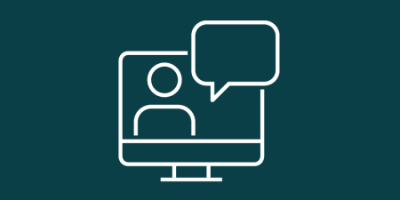 Icon of a person next to a speech bubble within a computer screen 