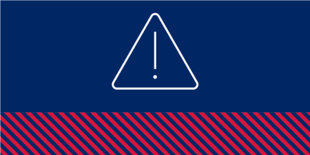 An exclamation mark in a triangle on a navy background, with red graphical lines.