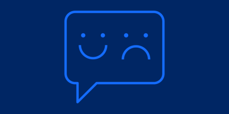 Light blue outline of a speech bubble on a navy background. Inside the speech bubble is a smiling face and a sad face.