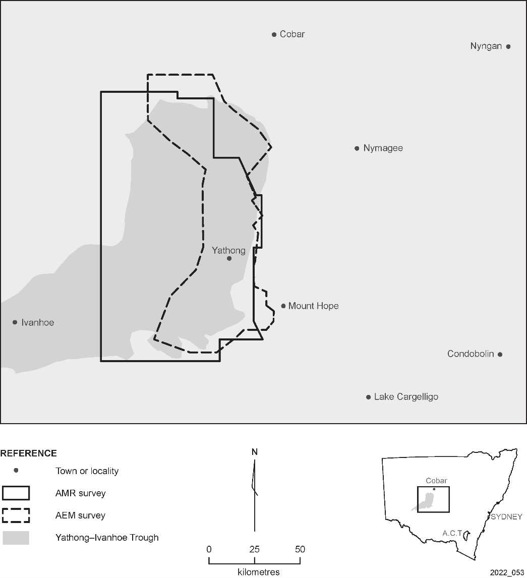 Map showing AMR and AEM survey locations in the Yathong-Ivanhoe Trough in relation to towns.
