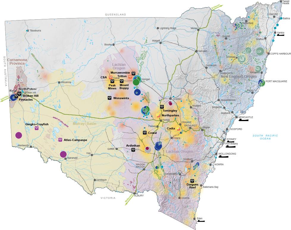 Map of New South Wales showing critical minerals and high-tech metals resources in relation to geological provinces and state infrastructure.