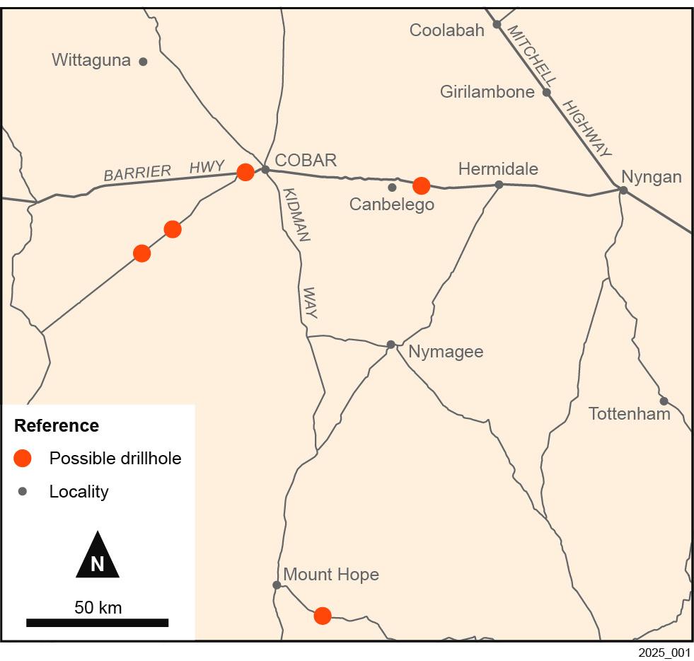 Map of the portion of NSW around Cobar showing the possible location of drillholes for the deep drilling project.