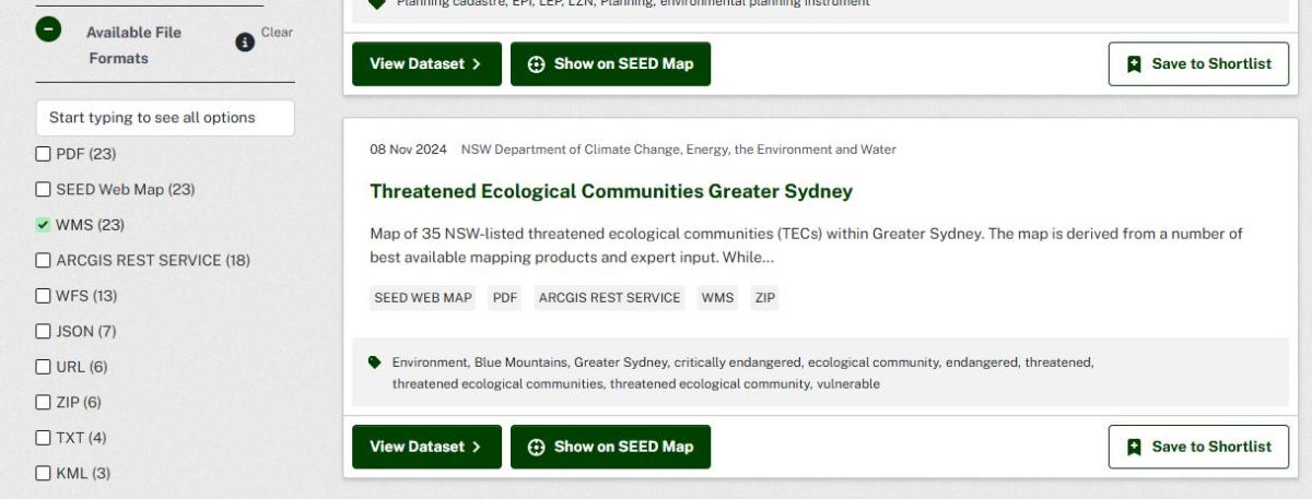 Screenshot of the SEED Portal with filters displayed