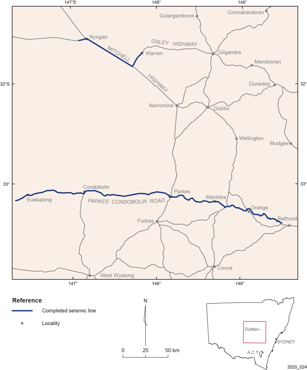 Map showing completed seismic lines of the Central Lachlan seismic survey