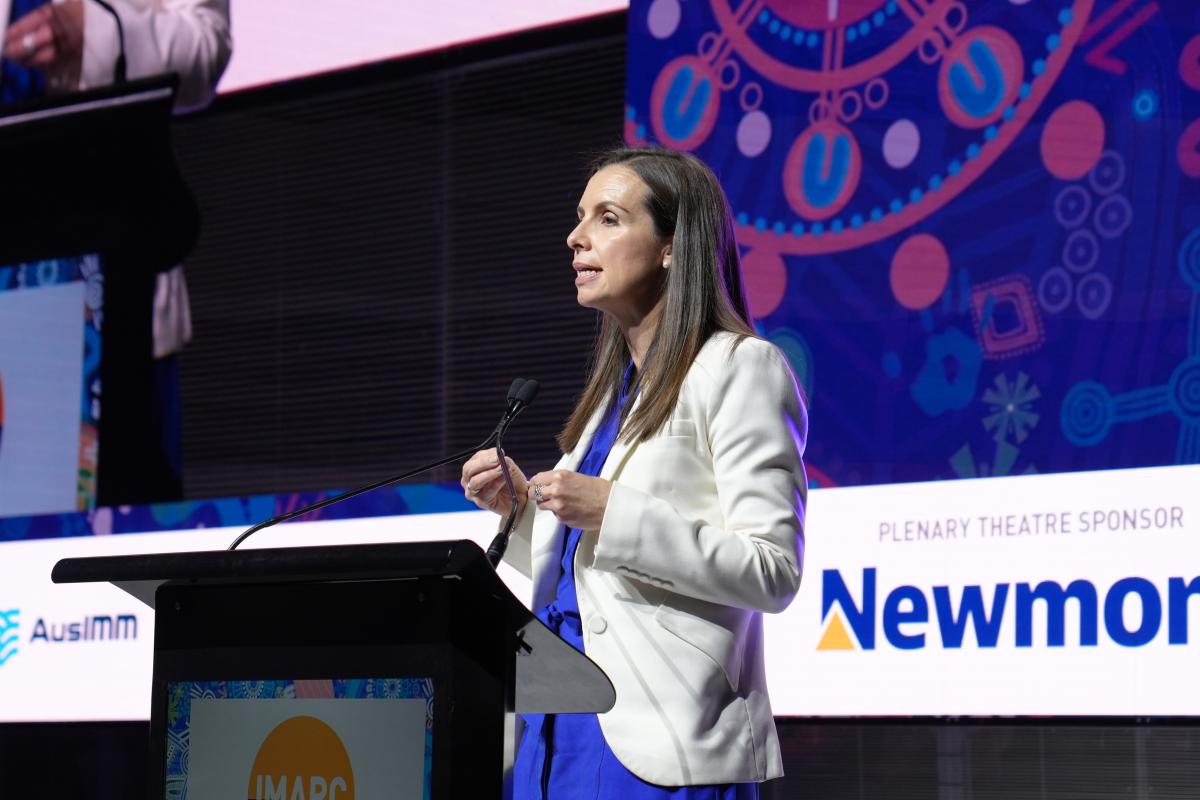 Minister Courtney Houssos speaking at IMARC 2025